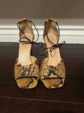 Gucci Yellow Snake-Print Horsebit Ankle-Tie Heels - Needs TLC on Right Shoe